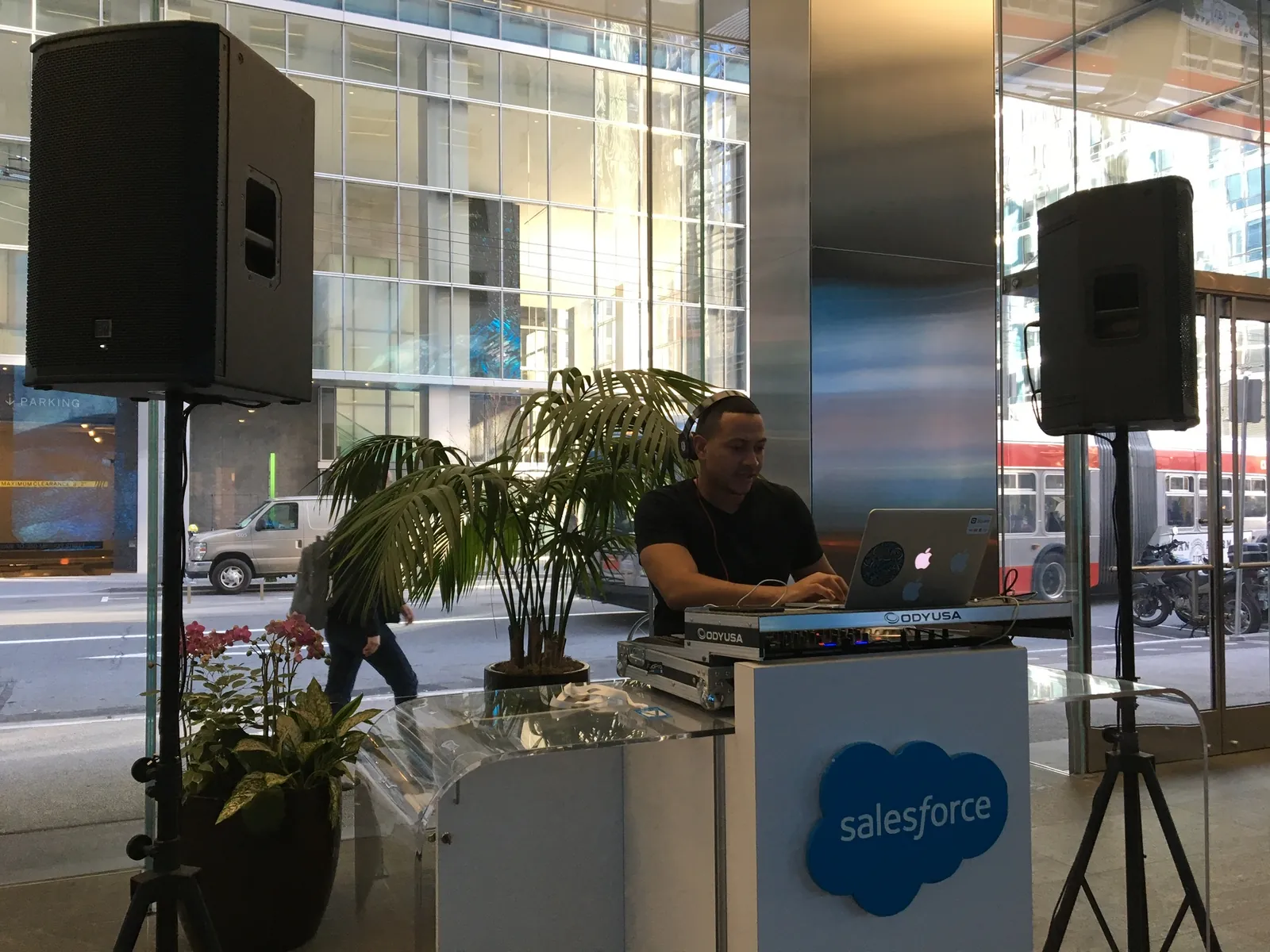 DJ setup in an office lobby